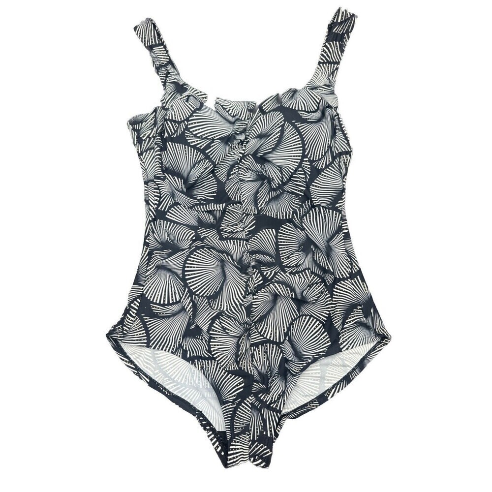 Island Pearls Women’s One Piece BLACK & WHITE Shell Pattern Swimsuit SZ 14